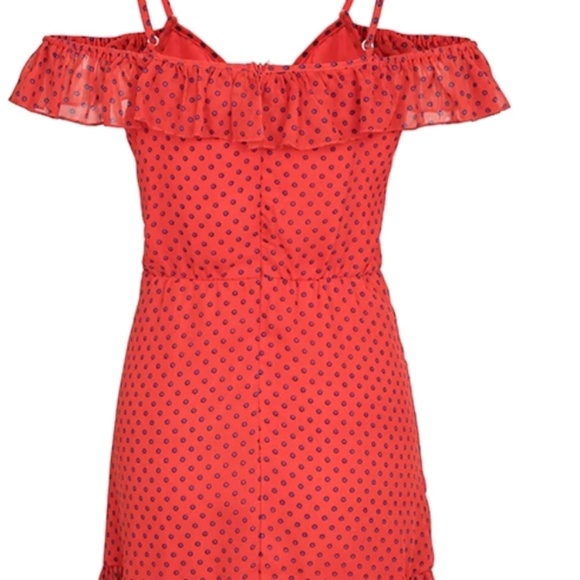 Last L! Red Polka Dot Cold Shoulder Ruffles Dress - Picture 3 of 6